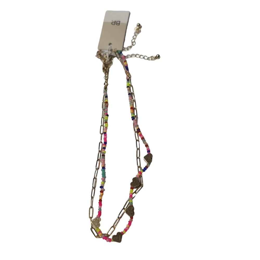 BP Beaded Paperclip Chain Necklace Double Layer Gold Tone Hearts